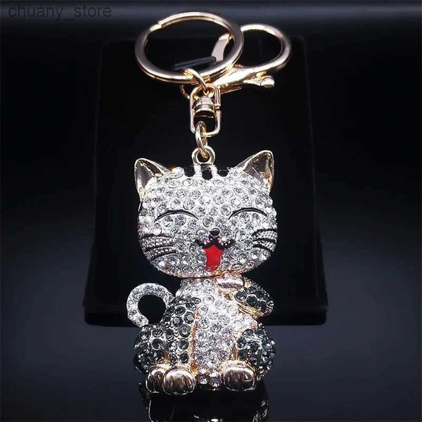 Keychains Lanyards Cartoon Cat Keychain Rignestone Gold Couleur mignon Kitty Haveyring Creative Gift Fashion Bijoux Llaveros Para Mujer Y240417