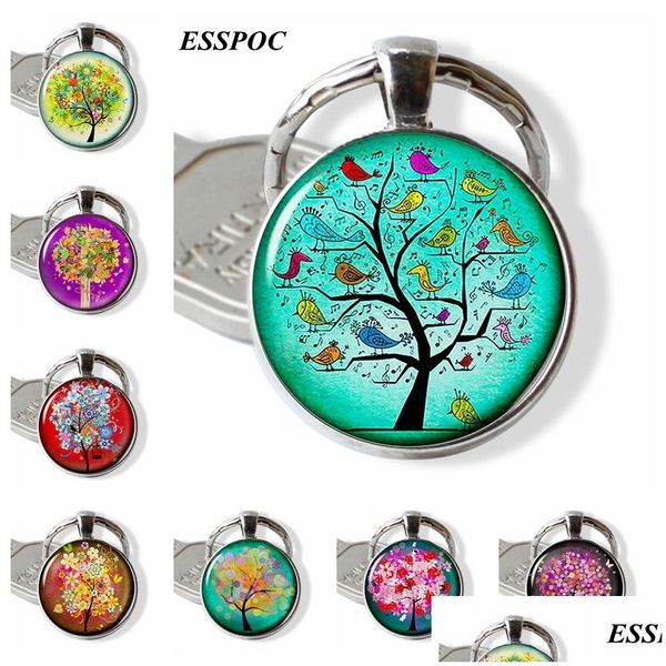 Porte-clés Longes Dessin Animé Porte-clés Oiseaux Et Arbre Cabochon En Verre Porte-clés En Métal De La Vie Bijoux Accessoires De Mode Pour Fille Bir Dhzqr