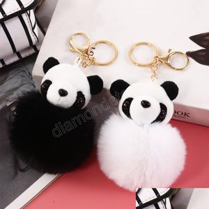 Keychains Lanyards Cartoon Panda Keychain Rabbit Fur Ball Plush Key Chains ringen schattige pompon hanger Keyring houder vrouwen auto char dh8qi