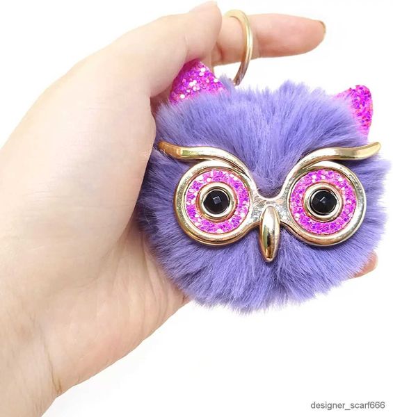 Keychains Lanyards Cartoon Plush Owl Keychain with Sequin Girls Mochila adornos Fashion Soft Fluffy Pompom Animal Key Rings para damas Regalos