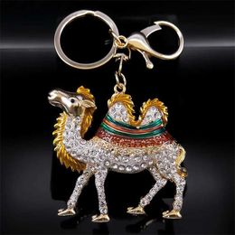 Keychains Lanyards Creative Animal Camel Rhinestone Keychain para mujeres/hombres Gold Color Metal Turist Tourist Viajes Joya Llavero Zzzk520 Y240417