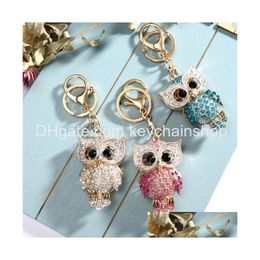 Keychains lanyards Creative Bag hanger ingelegd met diamanten uil metalen sleutelhanger schattige cartoon dierenauto sleutelhanger drop levering fashi dh1zy