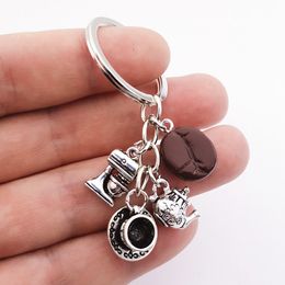 Keychains lanyards Creative Coffee Cook Keychain Cup draagbare hine thee pot sleutelhangers van de middag dessert accessoires cadeau drop levering smtmj