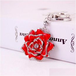 Porte-clés longes cadeaux créatifs beau rouge rose porte-clés dame sac accessoires fleur métal goutte à goutte strass artisanat pendentif cadeau Dr Dhova