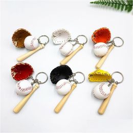 Keychains Lanyards Creative Glove Baseball PU Leer toevoegen hout Key Ring Sport Keychain Promotie Geschenk Mini Softbal Chain Drop Del DH09G