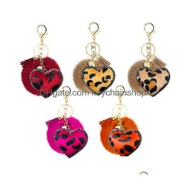 Sleutelhangers Lanyards Creatief Kwastje Hart Pompom Sleutelhanger Klein Cadeau Strass Luipaardprint Flanel Uniek Pu-leer Liefdesstijl Imit Dhihs