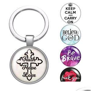 Llaveros Lanyards Cross Faith Words Hope Brave Glass Cabochon Llavero Bolsa Coche Llavero Anillo Titular Encantos Sier Para Hombres Mujeres Regalo Dhtl3