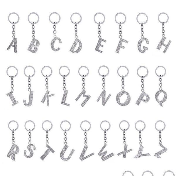 Llaveros Lanyards Crystal Rhinestone Keyring Key Holder Monedero Bolsa para el coche Moda Lindo Regalo 26 Letras inglesas Cadena Creativa Zinc Al Dhlxs