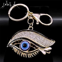 Keychains Lanyards Crystal Turkish Evil Blauw Eye Key Chain Women Men Alloy Rhinestone Key Ring Bag Accessoires Sieraden Llaveros Para Mujer K5247 Y240510