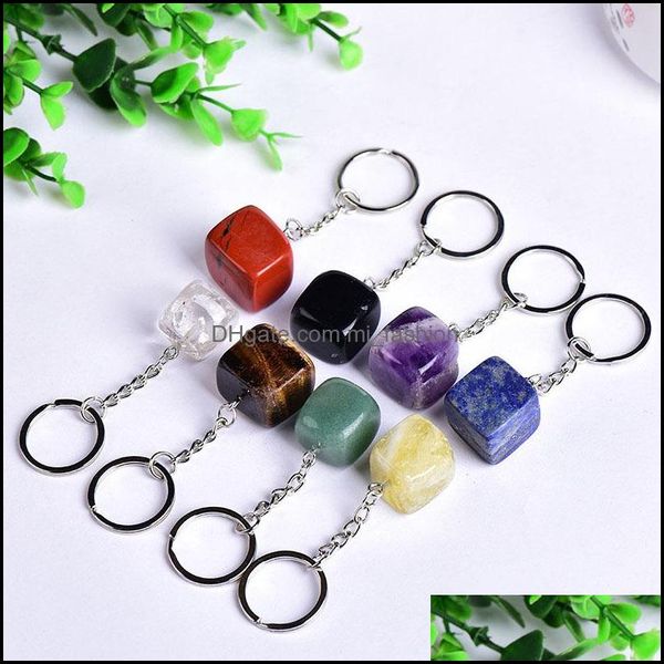 Llaveros Lanyards Forma cuadrada cúbica Piedra natural Cuarzo Llaveros para mujeres Hombres Bolso Hangle Car Holder Mineral Keyring Jewel Dhqth