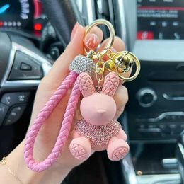 Porte-clés Longes Mignon dessin animé diamant clouté lapin voiture porte-clés à la mode tissé corde porte-clés couple sac pendentif petit cadeau J240330