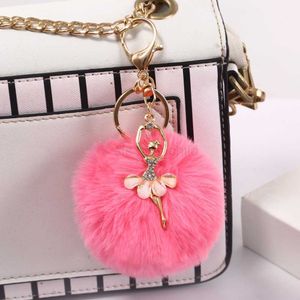 Keychains Lonyards mignon strass Ballet Girl Keyring Sweet Rex Rabbit Hair Ball Girl Sac Pendentif Little Angel Car Accessoires de chaîne de clés Gift