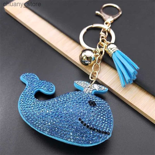 Keychains LANYARDS Lindo llavero de ballena marina para mujeres Men Gold Color aleación Blue Crystal Tassel Animal Creative Bag Chain Jewelry Llavero K5112S0 Y240417