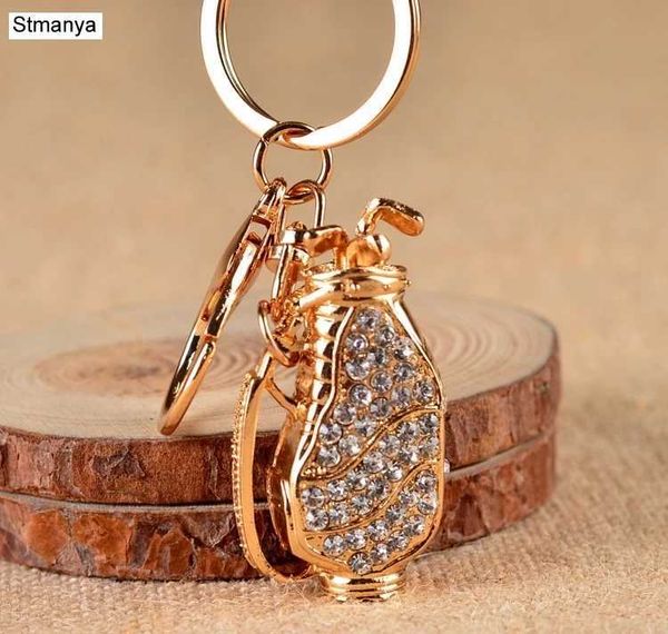 Keychains Design Design Cool Golf Bag Model Rhinestone Key Keychain Llave de llave Keyring para hombres Mujeres Amor de deportes Deportes 17404 Q240403