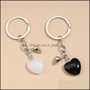 Keychains Lanyards Design Keychain Natural Crystal Quartz Stone Love Heart Magnetic Button Keyring Key Chains voor een paar vriend GI DHTRZ