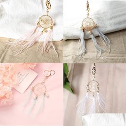 Keychains Lanyards DHS Pearl Feather Key Chains Holder Dreamcatcher Hangers CAR Keychain Keyrings voor meisjes Vrouwen tas hangen fas dhcbk