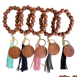 Keychains lanyards diy houten kralen mode pols armband sleutelhanger tassel hanger slijtage drop levering accessoires dhuxk