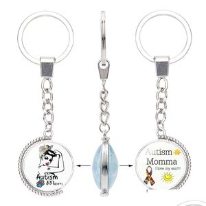 Keychains Lanyards Fashion Kids Autism Awareness Dubbel Sided For Children Boys Girls Glass Cabochon Key Chains Inspirational Jewel DHY4G
