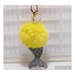 Keychains Lanyards Fashion Mermaid Keychain Faux Rabbit Fur Keyhains Pom Poms Keyring Dames Auto Handtas Hanger Key Holder Xmas G DHCAO