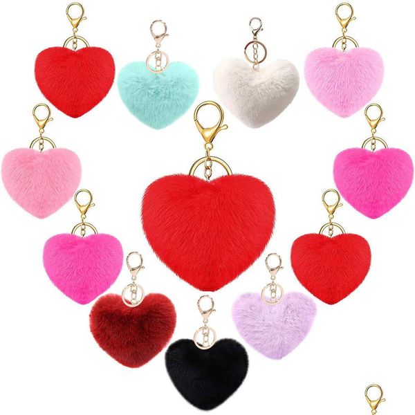 Llaveros Lanyards Moda Felpa Bola Colgante 10Cm Creativo En Forma De Corazón Imitación Piel De Conejo Llavero Lage Decoración Llavero Dr Dhhz8