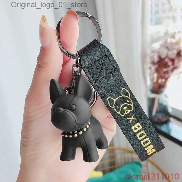 Keychains Lanyards Fashion Punk Bulldog French Keychain PU Cuero Keychains para mujeres Bolsas Costilería Batinera de joyas para hombres Caqueta de llave de llave Q231219