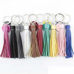 Sleutelhangers Lanyards Mode Sier Ronde Pompom Pu Lederen Kwastje Sleutelhanger Bag Charms Sleutelhanger Gepersonaliseerde Emaille Sieraden Valentines D Dhetg