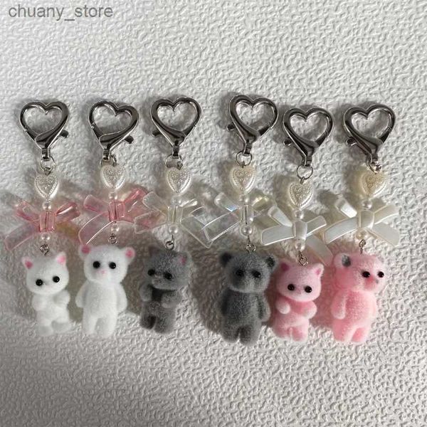 Keychains Lonyards Flocks Bear Cat Pendant Pendent Keychain Heart Bow Chain Chain Bowknot Keyring Jewelry Camera Decors Decors Handmade Gift Y240417