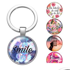 Porte-clés Longes Fleur Sourire Mots De Rêve Verre Cabochon Porte-clés Sac Porte-clés De Voiture Porte-Anneau Charmes Sier Couleur Pour Hommes Femmes Gi Dhogv