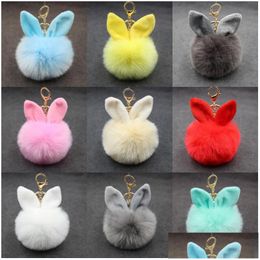 Keychains lanyards pluizige konijnen fur pompom sleutelringen vrouwen meisje schattige pompoms sleutelhanger puff ball keyfobs vrouwelijk sieraden feest cadeau dhmvm