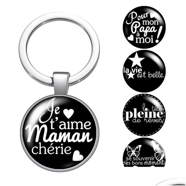 Porte-clés Longes Français Je Taime Mama Papa Cherie Cabochon En Verre Porte-clés Sac De Voiture Porte-clés Titulaire Sier Plaqué Chaînes Hommes Femmes Gi Dhs2Q