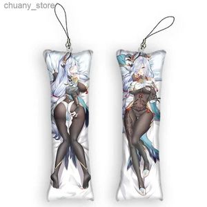 Sleutelhangers lanyards genhin impact shen hij dakimakura mini sleutelhanger schattige anime sleutelhanger klein kussen decor hanger otaku cadeau rugzak hangers y240417