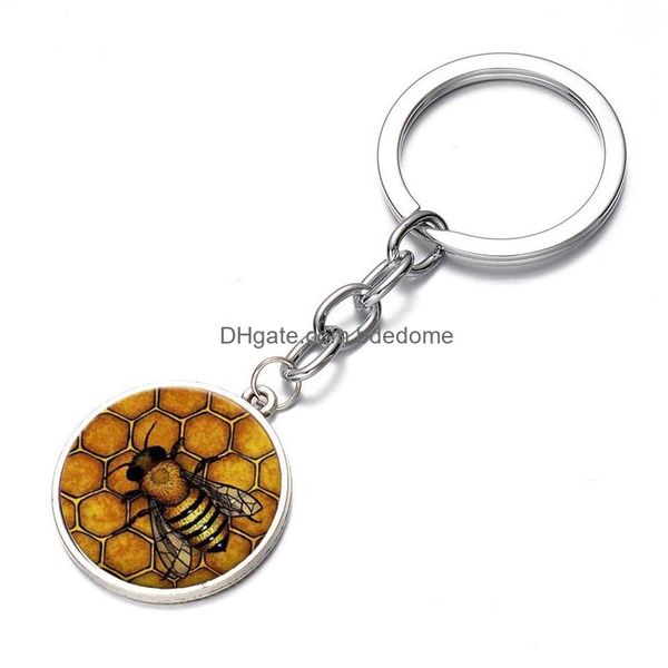 Llaveros Lanyards Abeja de oro Llavero de nido de abeja Moda Insecto de abeja Steampunk Cabujón de cristal Colgante Llavero de coche Apicultor Regalo Dhhtg