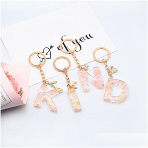 Keychains lanyards goudfolie epoxy hars letter sleutelhanger schattige lichtroze gedroogde bloemen sleutel keten vrouwen az initi￫le acryl sleutelhangers dhx47