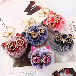 Keychains lanyards goud roze pailletten big eye owl sleutel ketting haarbal hanger accessoires imitatie rex konijn wol lady tas sleutelring cadeau