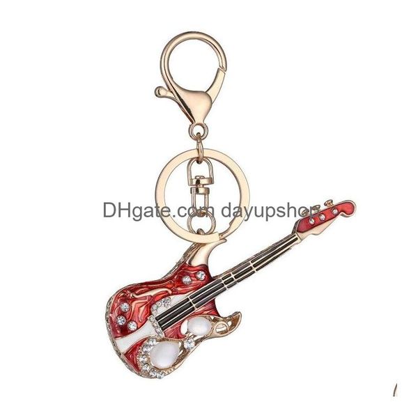 Keychains Lanyards Guitar Keyfob Aleación de zinc Música Cristal Instrumento Keyrings Keyrings para parejas Amantes de los regalos de recuerdo