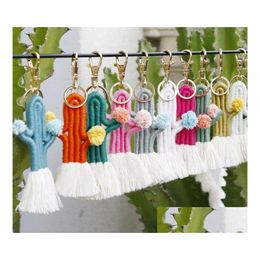 Keychains Lanyards Hand geweven Cactus Keychain Boheemse bloemen Tassel Bag Hanger Women Key ringen voor lanyard sleutels accessoires Whol Dheca