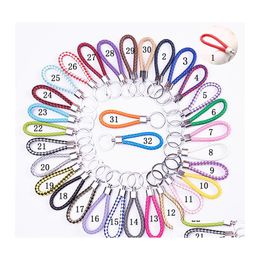 Sleutelchains lanyards handgemaakte pu lederen sleutelhanger gevlochten touw touw metalen sleutelring geweven koordketens houder diy sieraden accessorie otv28