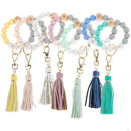 Llaveros Lanyards Hecho a mano Estirado Sile Beads Brazalete Llavero Fiesta Borla Pulsera Pulsera Muñeca Pu Cuero Llavero Mujer Woo Otxdf