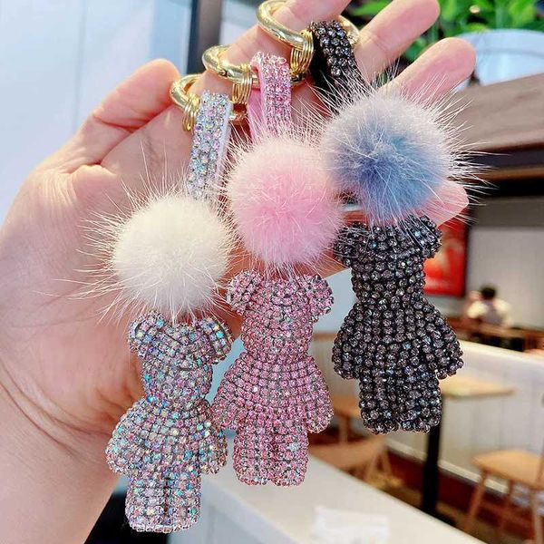 Porte-clés longes de haute qualité fourrure de vison pompon ours Strass porte-clés strass animal porte-clés bracelet en cuir voiture porte-clés sac pendentif cadeau J240330