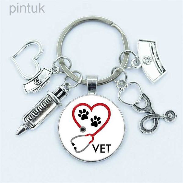 Porte-clés Longes J'aime Médecine Vétérinaire Infirmière Porte-clés Animal Médecin Porte-clés Dôme En Verre Cabochon Pendentif Hommes et Femmes Mode Charme Bijoux ldd240312