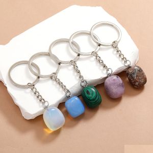 Keychains Lanyards Irregar ellips Crystal Opal Natural Stone Key Rings Square Gem Charms Helende sleutelhangers voor vrouwen Men D Dhgarden DH4WS