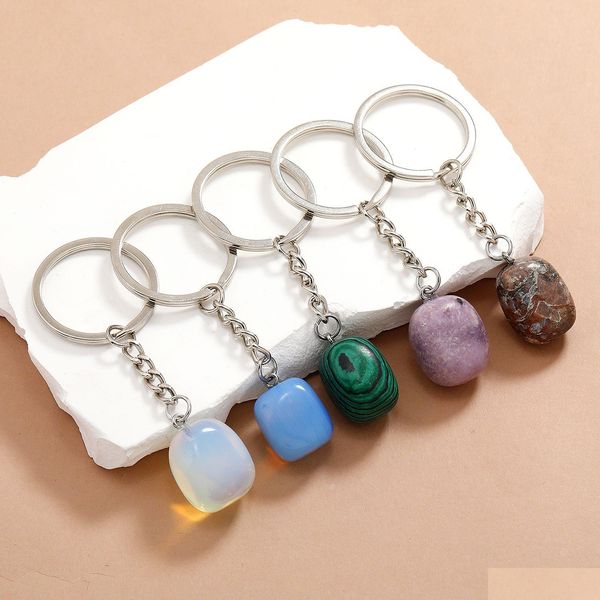 Llaveros Lanyards Irregar Ellipse Crystal Opal Piedra natural Llaveros Square Gem Charms Healing Keyrings Para Mujeres Hombres Drop Deli Dh0Yh