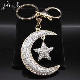 Keychains Lanyards islamitische moslim Cresent Moon Star Key Chains For Women Men Men Alloy Rhinestone Islam Religieuze charme Keyring Lucky Fashion Jewelry Y240510