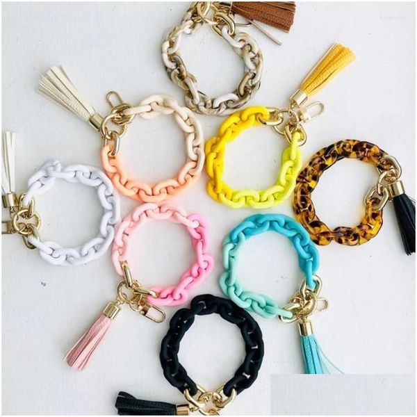 Llaveros Cordones Llavero Mujer Accesorios Venta al por mayor Pulsera Brazalete Lindo Acrílico Cadena de eslabones Borla de cuero Teléfono Char Dh7Cy