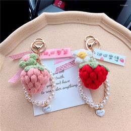 Porte-clés longes porte-clés créatif tressé fraise pêche kaki fleurs pendentif femmes sac accessoire