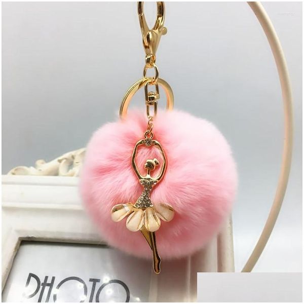 Porte-clés Longes Porte-clés Mode Strass Ballerine Porte-clés Mignon Imitation Fourrure Pompon Porte-clés Pour Femmes Sac Pendentif Clé De Voiture Dh1Ct