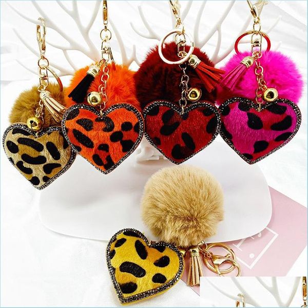 Porte-clés longes coréen Veet strass motif léopard amour boule de cheveux porte-clés pendentif cloche accessoires voiture Lage livraison directe Dhot7