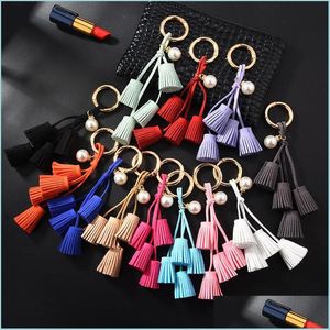 Keychains Lanyards Koreaanse Veet Tassel Keychain Leather Pearl hanger auto ornamenten vrouwelijke sleutelketen pluche tas accessoires 12 -stijl dhuhw