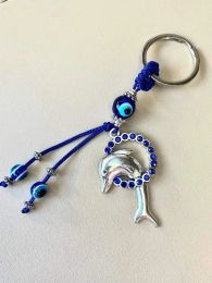 Porte-clés Longes L Luckboostium Jum Dolphin en cristal bleu avec perles de mauvais œil, anneau et pompon, signe de protection, bon pour Amdxk