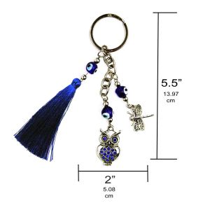 Porte-clés Longes L Luckboostium Lucky Dragonfly Owl W / Cristal bleu et pompon bleu avec perle de mauvais œil Porte-clés Signe de bonne fortune Ble Amks4